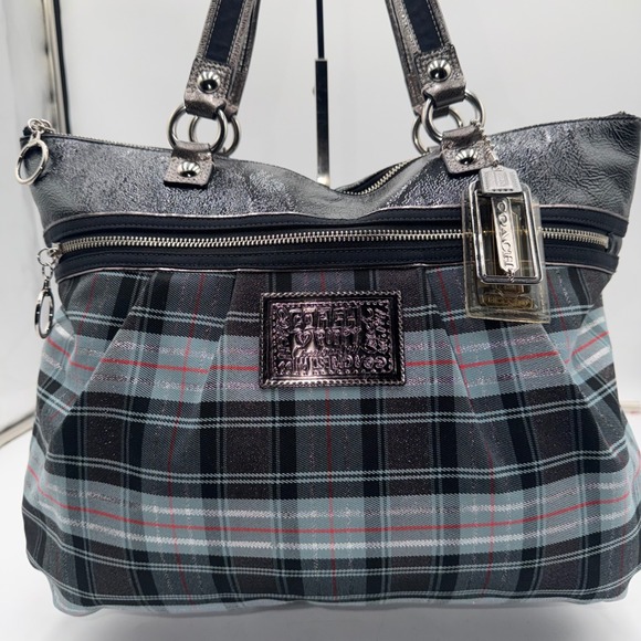 Coach Poppy Tartan Plaid Tote Bag Grey Black Patent Leather Shoulder Bag - Picture 2 of 16
